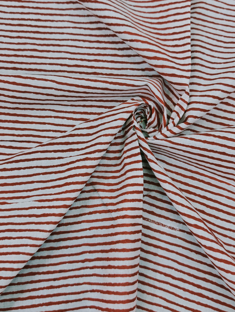 Image of Red Hand Block Pattern Stripe Cotton Fabric