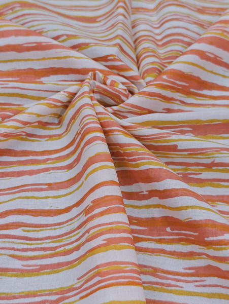 Orange-Mustard Hand Block Pattern Stripe Cotton Fabric