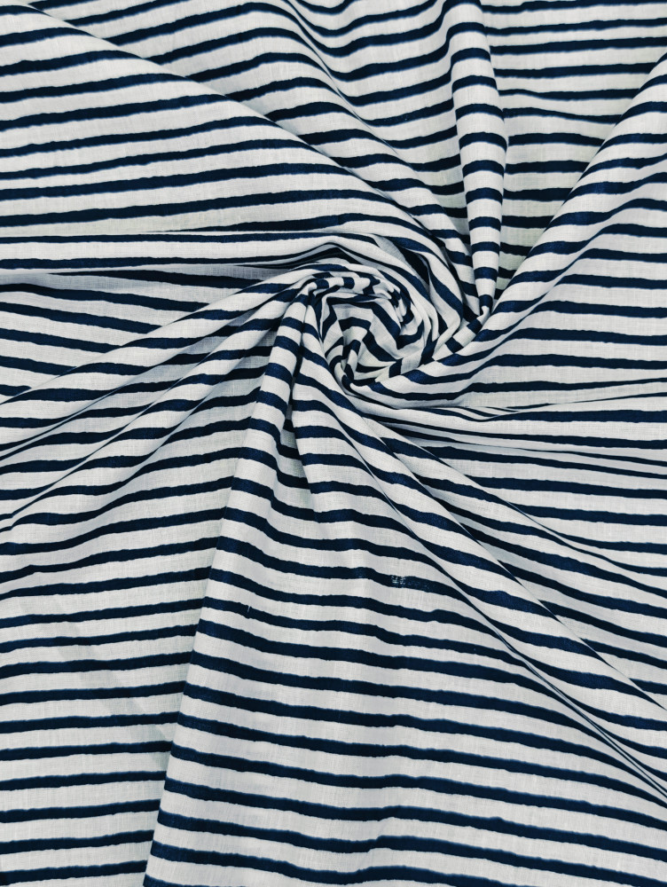 Image of Indigo Hand Block Pattern Stripe Cotton Fabric