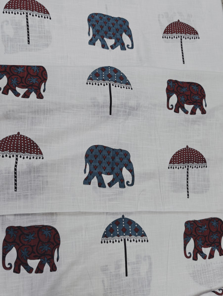 Premium Cotton Slub Fabric –Maroon Elephant and Umbrella Printed Fabric