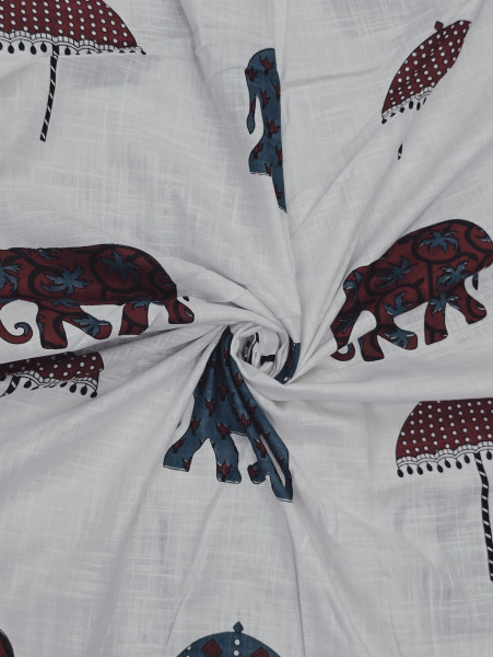 Premium Cotton Slub Fabric –Maroon Elephant and Umbrella Printed Fabric