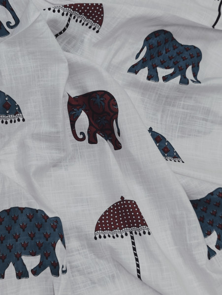 Premium Cotton Slub Fabric –Maroon Elephant and Umbrella Printed Fabric