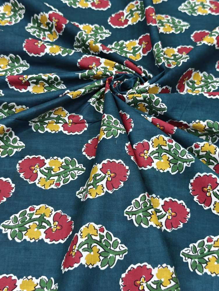 Image of Peacock Green Buti Printed Fabric