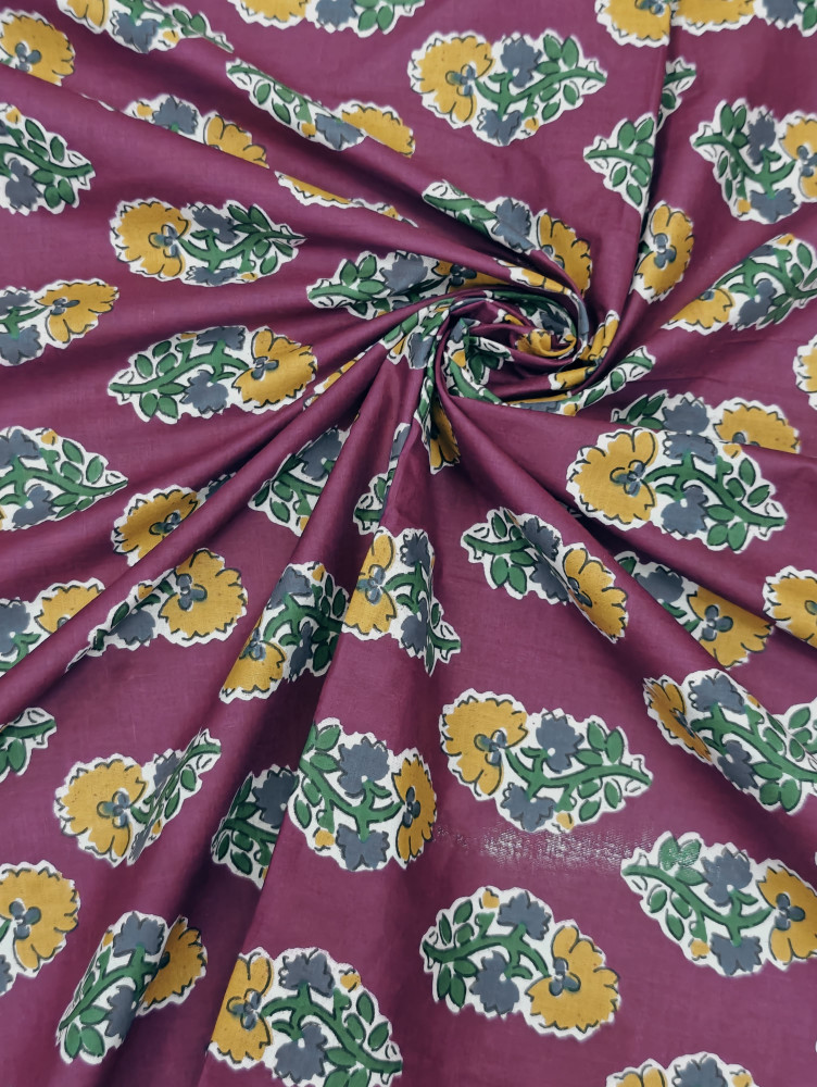 Image of Maroon and Pink Zigzag Floral Cotton Fabric