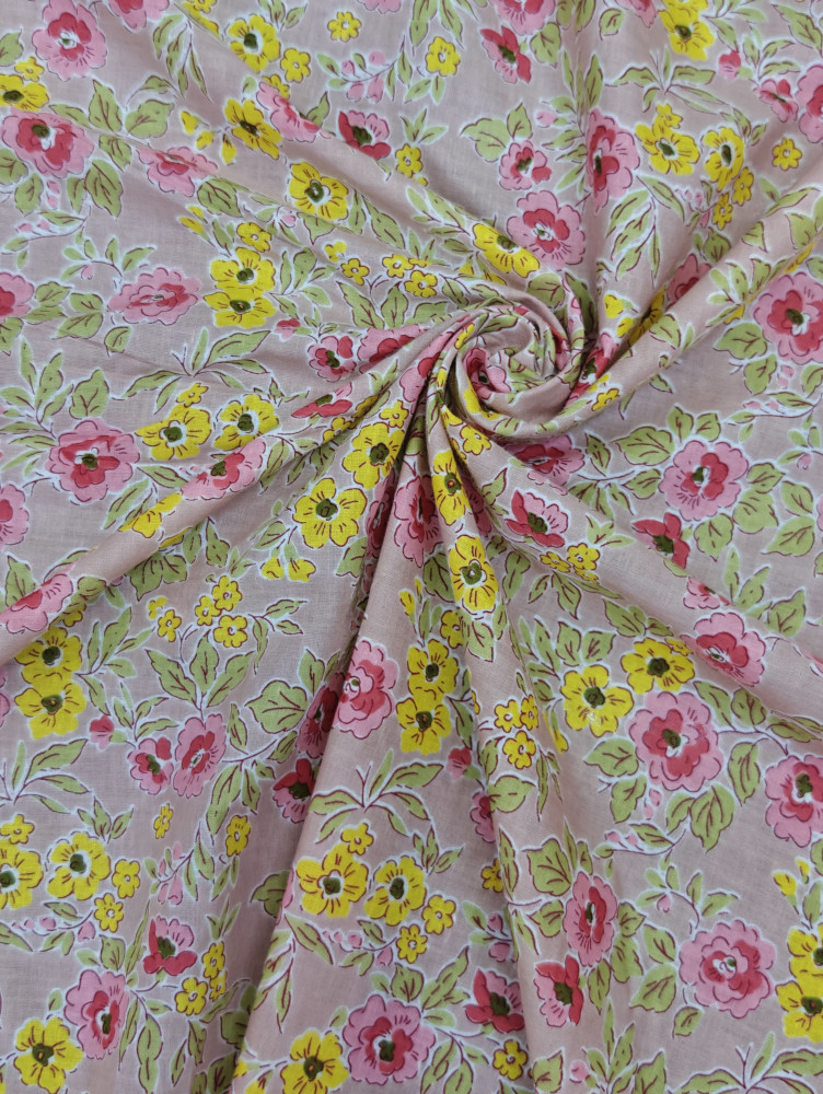Image of Beautiful Light Pink-Yellow Floral  Printed  Cotton Fabric