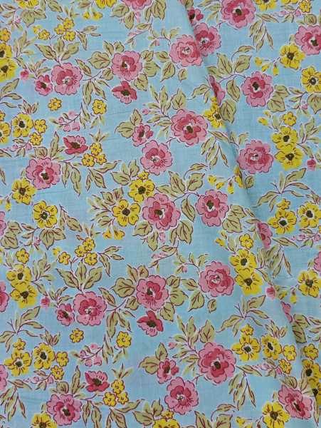 Beautiful Blue-Pink Floral  Printed  Cotton Fabric
