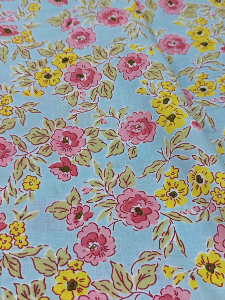 Beautiful Blue-Pink Floral  Printed  Cotton Fabric