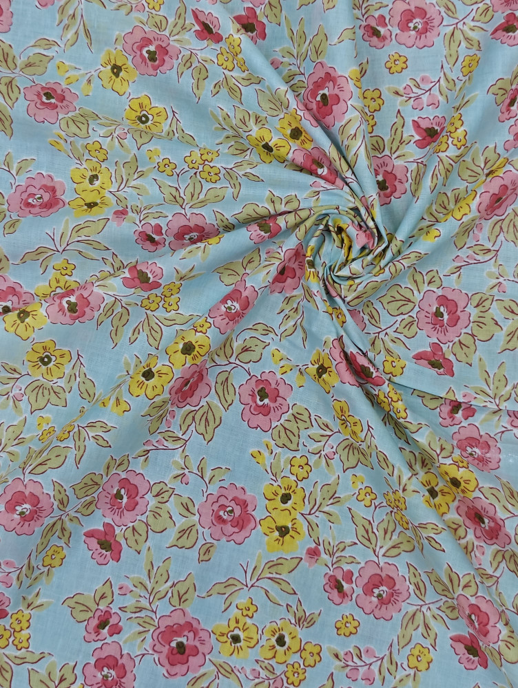 Image of Beautiful Blue-Pink Floral  Printed  Cotton Fabric