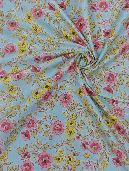 Beautiful Blue-Pink Floral  Printed  Cotton Fabric