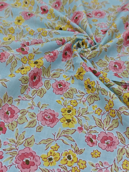Beautiful Blue-Pink Floral  Printed  Cotton Fabric
