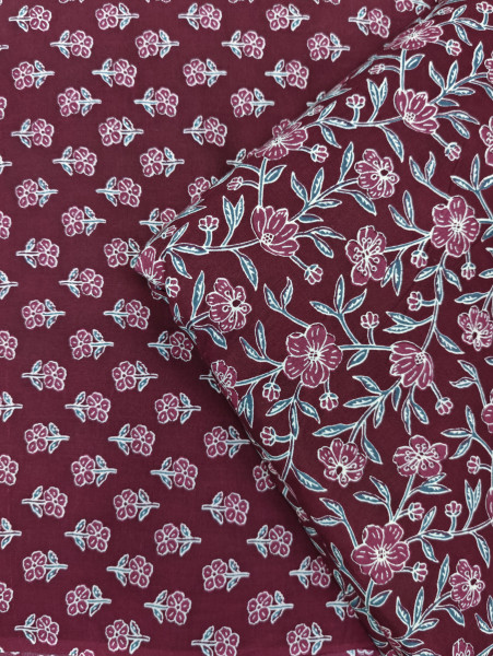 Deep Wine Floral Buti Printed 3Pc Suit Set