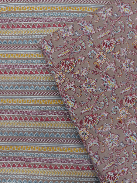 Mauve Floral Buti With Stripe Printed 3Pc Suit Set
