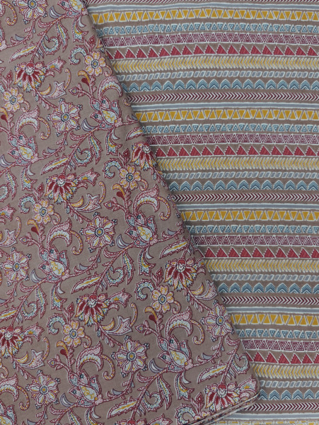 Mauve Floral Buti With Stripe Printed 3Pc Suit Set
