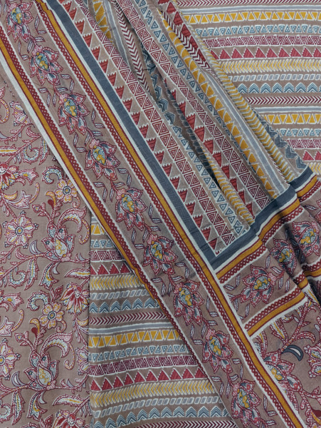 Mauve Floral Buti With Stripe Printed 3Pc Suit Set