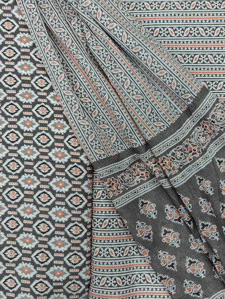 Mauve-Grey Floral Buti With Stripe Printed 3Pc Suit Set