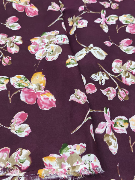 Discharge Wine Base Floral Printed Fabric