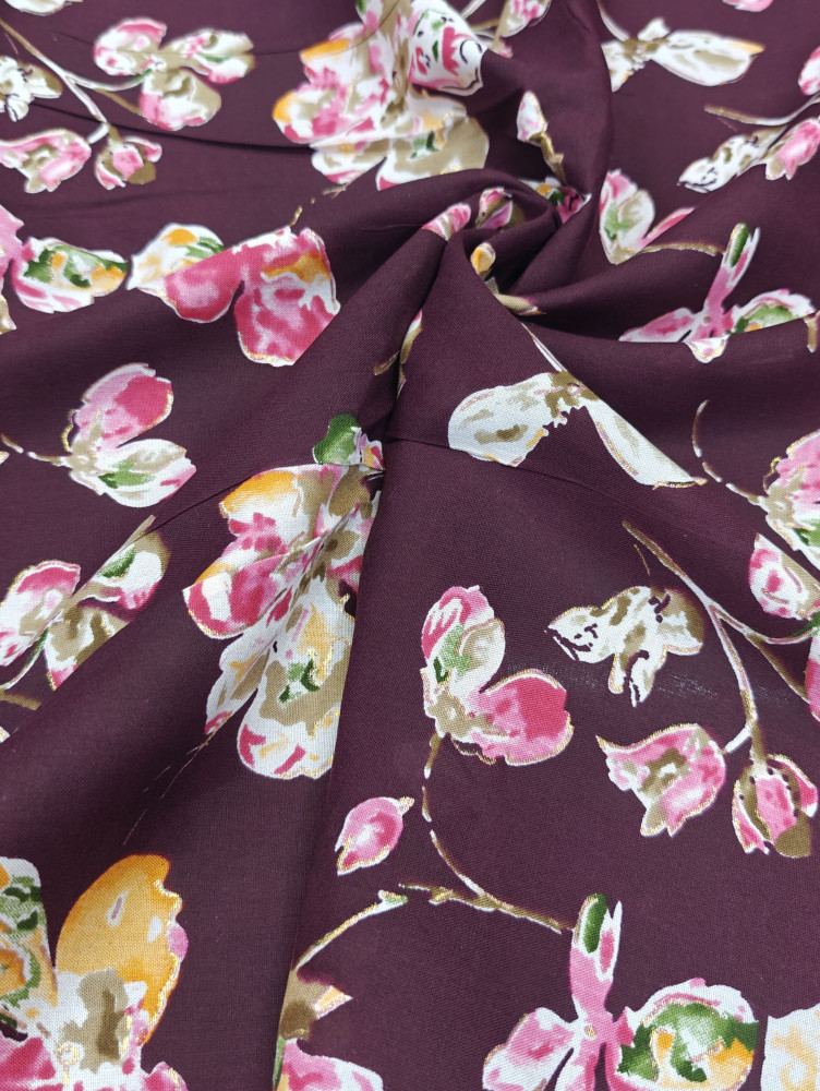 Image of Discharge Wine Base Floral Printed Fabric