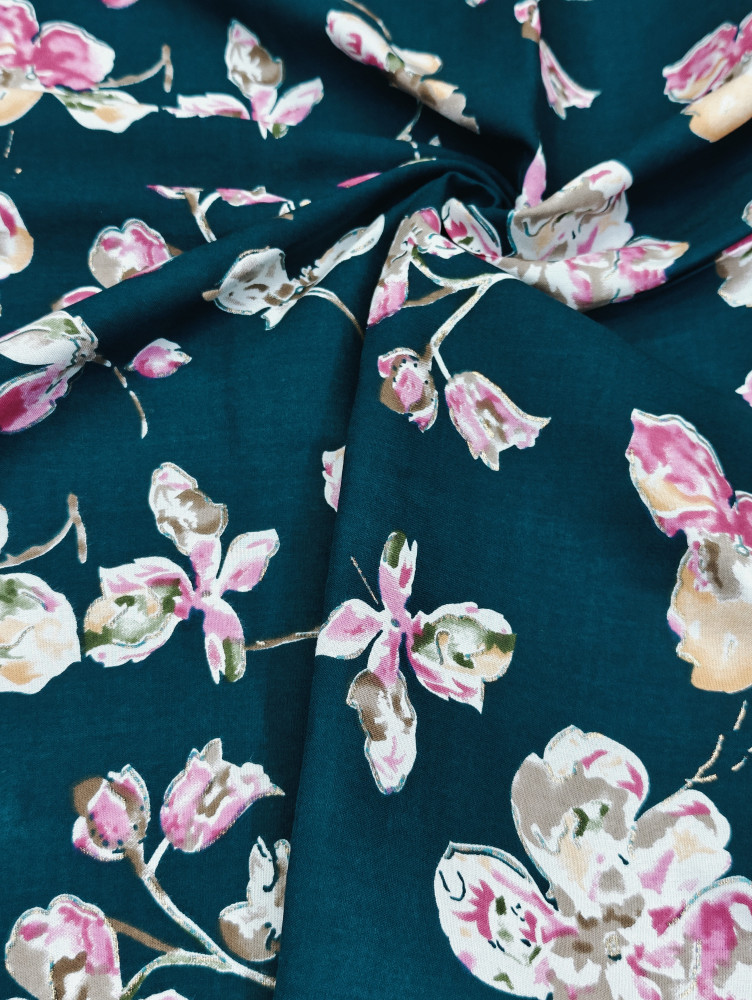 Image of Discharge Coral  Green Base Floral Printed Fabric