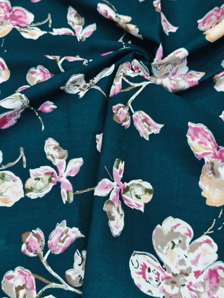 Discharge Coral  Green Base Floral Printed Fabric