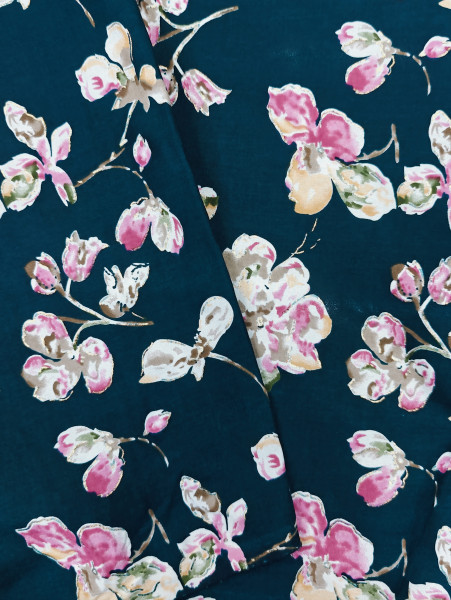 Discharge Coral  Green Base Floral Printed Fabric
