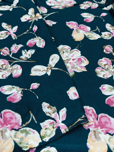 Discharge Coral  Green Base Floral Printed Fabric