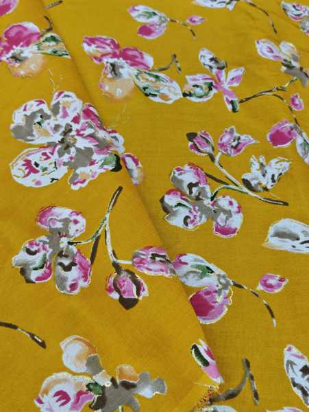 Discharge Yellow Base Floral Printed Fabric