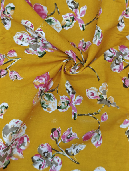 Discharge Yellow Base Floral Printed Fabric