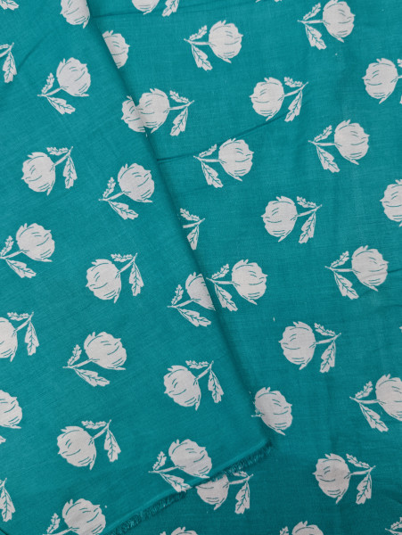 Green Base White Floral Printed Fabric