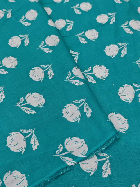 Green Base White Floral Printed Fabric