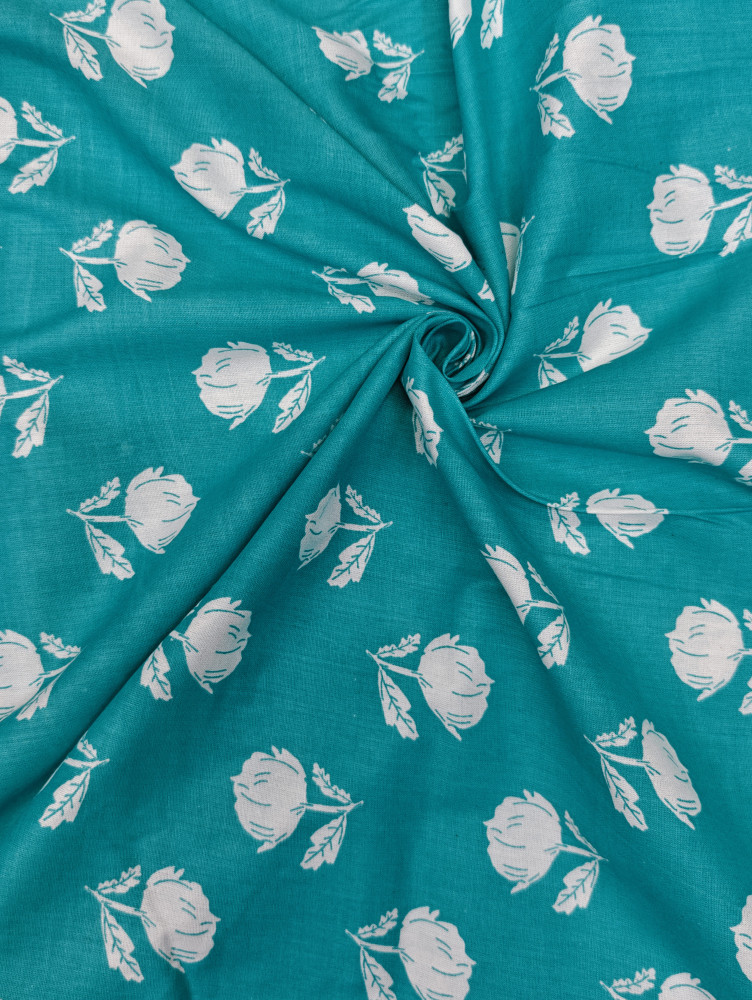 Image of Green Base White Floral Printed Fabric
