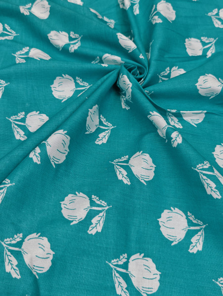 Green Base White Floral Printed Fabric