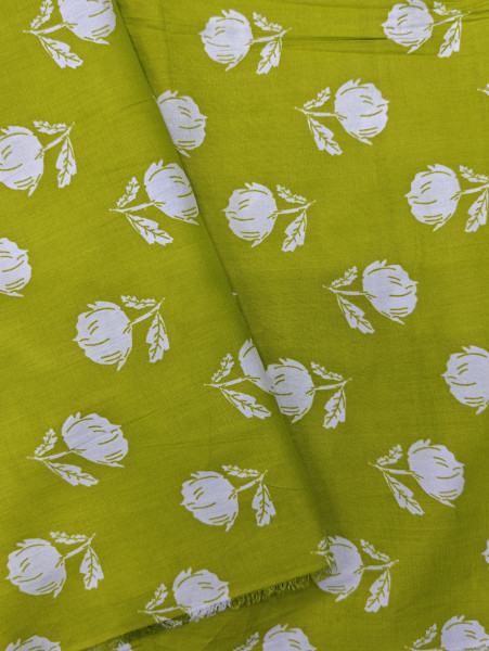 Parrot Green Base White Floral Printed Fabric