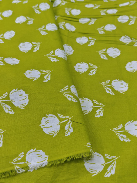 Parrot Green Base White Floral Printed Fabric