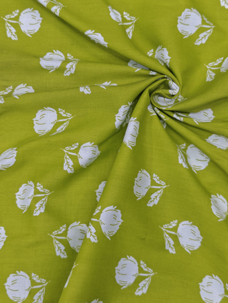 Parrot Green Base White Floral Printed Fabric