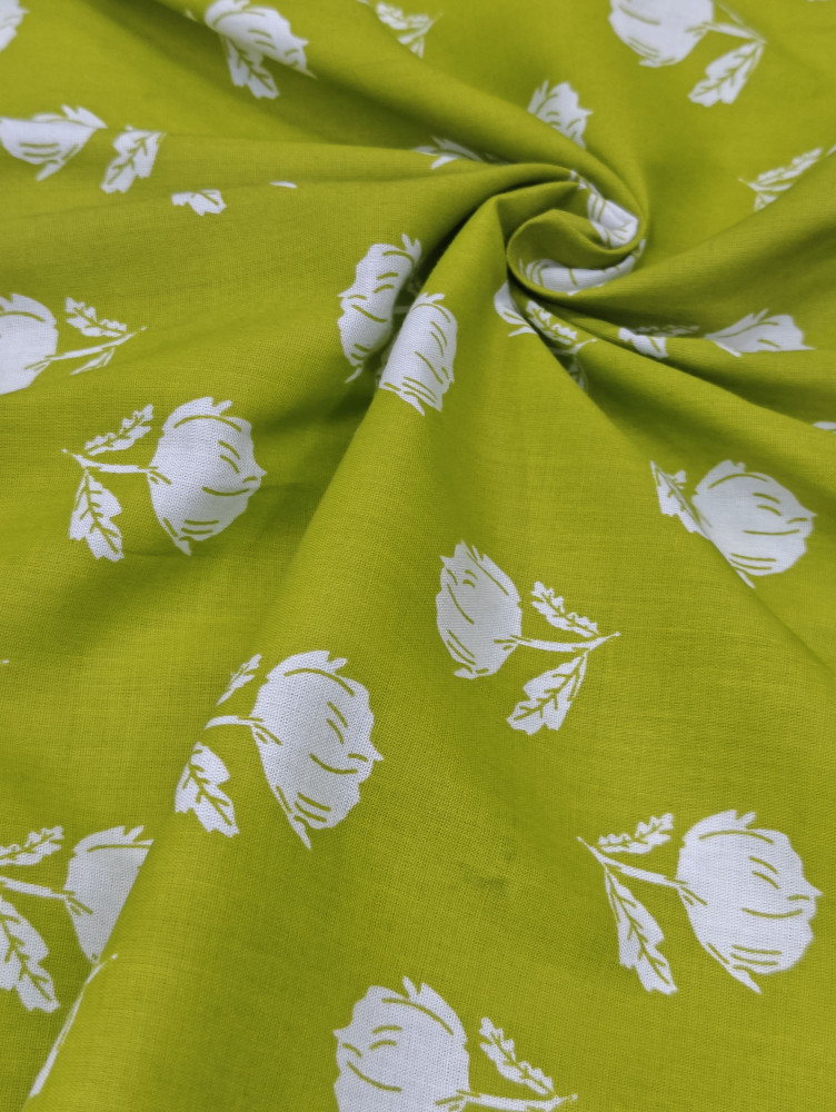 Image of Parrot Green Base White Floral Printed Fabric