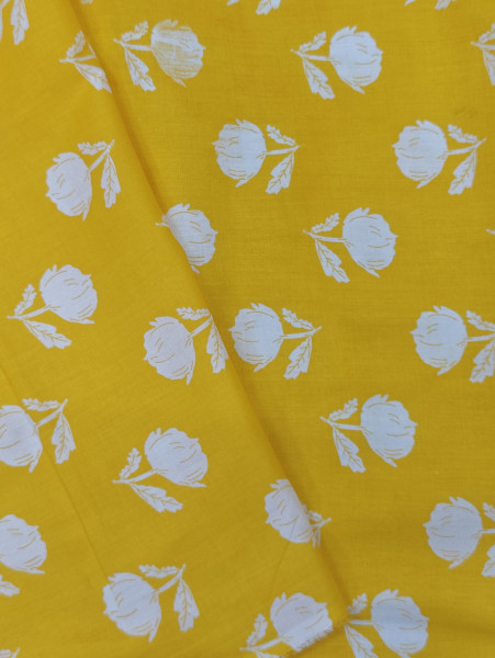 Yellow Base White Floral Printed Fabric