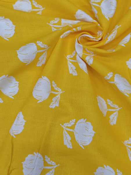 Yellow Base White Floral Printed Fabric