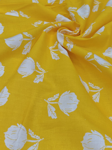 Yellow Base White Floral Printed Fabric