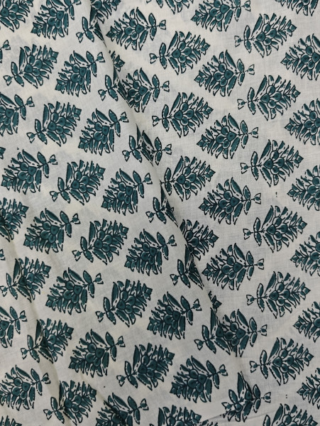 Black -Green Floral Bouquet Block-Print Cotton Fabric