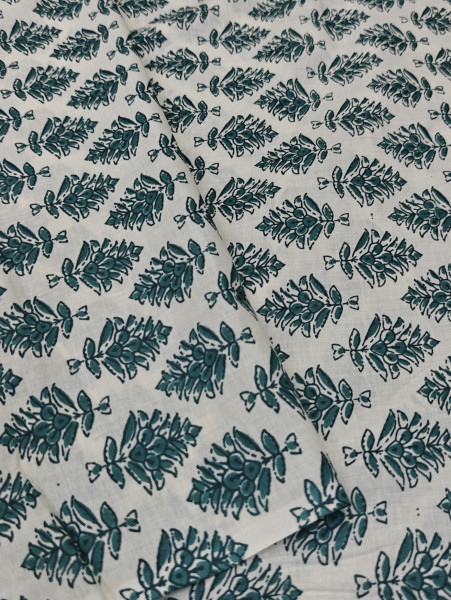Black -Green Floral Bouquet Block-Print Cotton Fabric