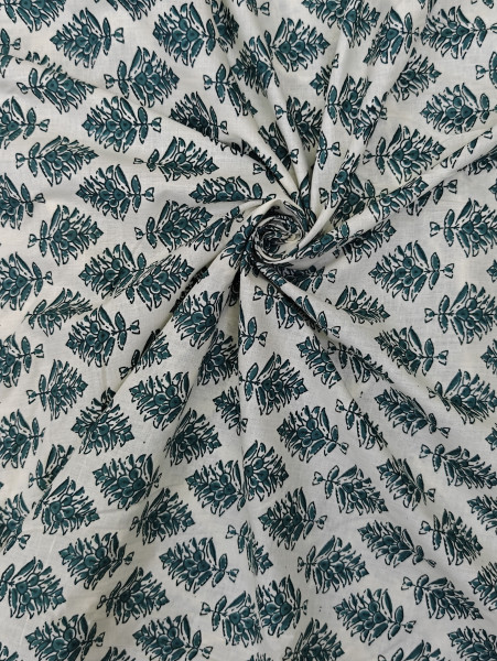 Black -Green Floral Bouquet Block-Print Cotton Fabric
