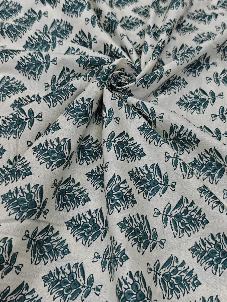 Image of Black -Green Floral Bouquet Block-Print Cotton Fabric