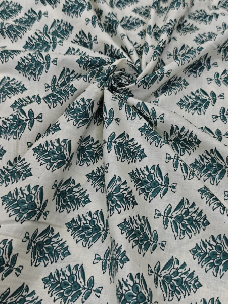 Black -Green Floral Bouquet Block-Print Cotton Fabric