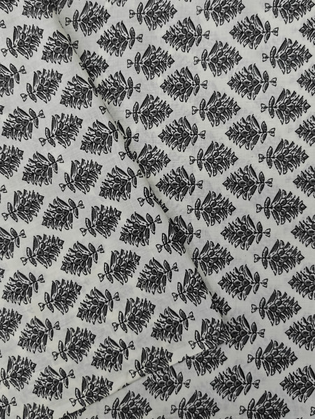 Black -Grey Floral Bouquet Block-Print Cotton Fabric