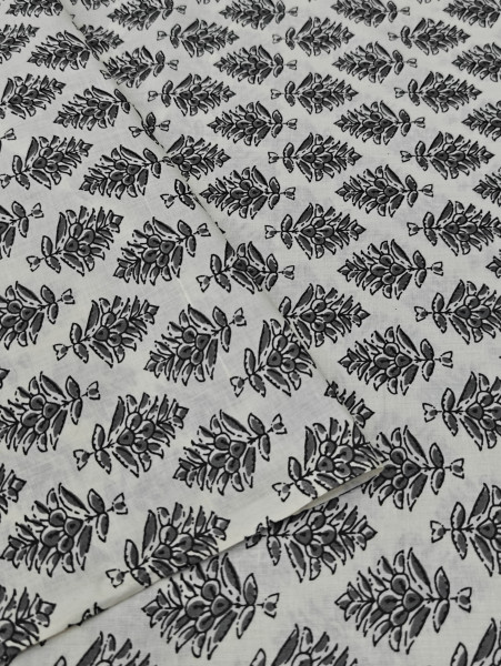 Black -Grey Floral Bouquet Block-Print Cotton Fabric