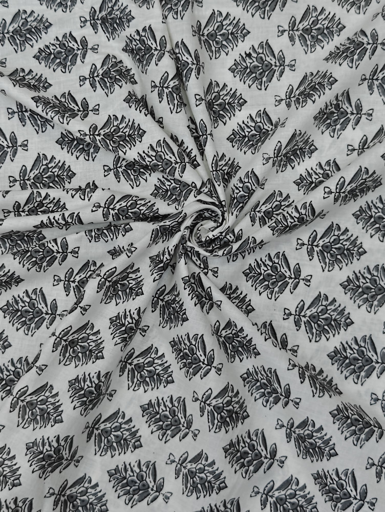 Image of Black -Grey Floral Bouquet Block-Print Cotton Fabric