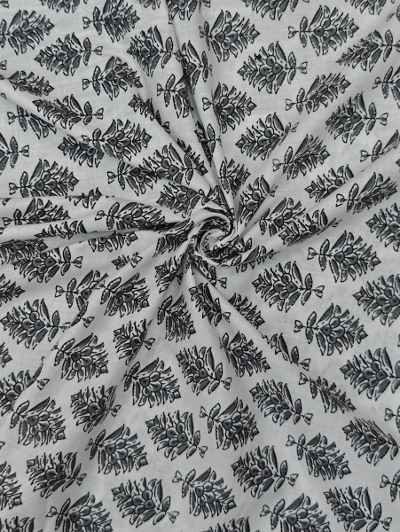 Image of Black -Grey Floral Bouquet Block-Print Cotton Fabric