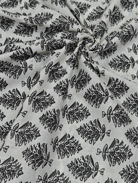 Black -Grey Floral Bouquet Block-Print Cotton Fabric