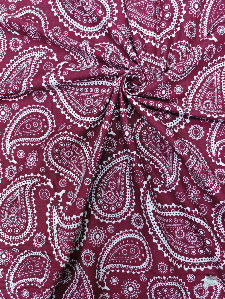 Image of Maroon Paisley Block Print Cotton Fabric