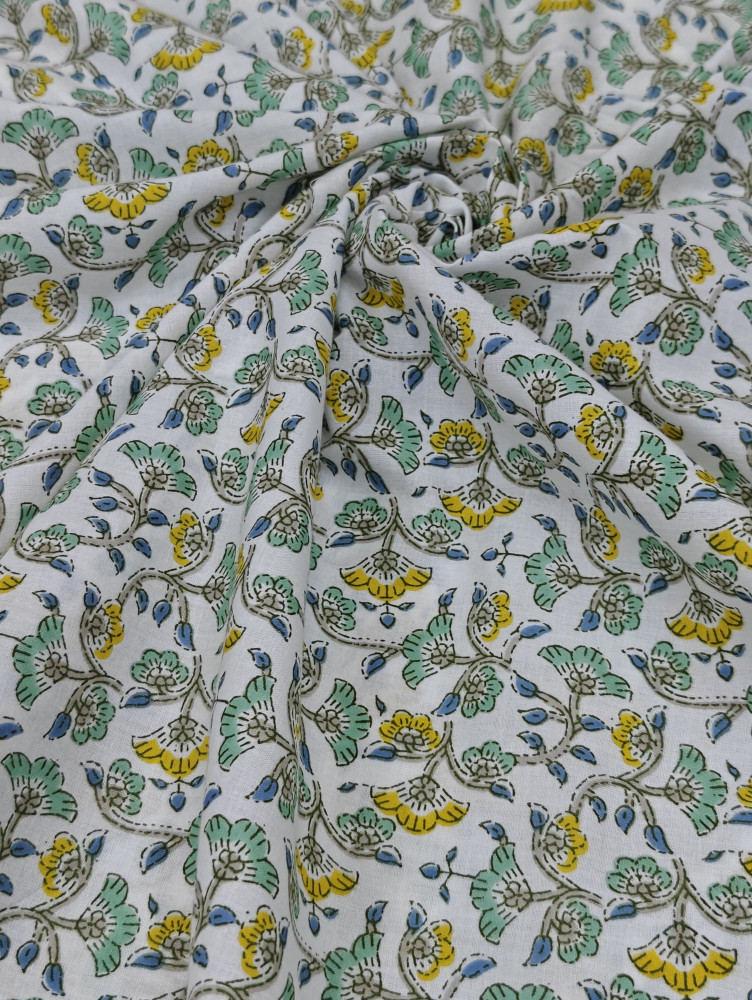 Image of Floral Block Print Cotton Fabric (Yellow &amp; Green)